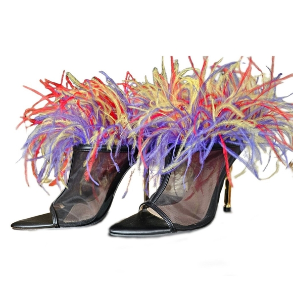 Azalea Wang Multi Colored Ostrich Feather Mesh Open Toe Gold Heels Size 7.5